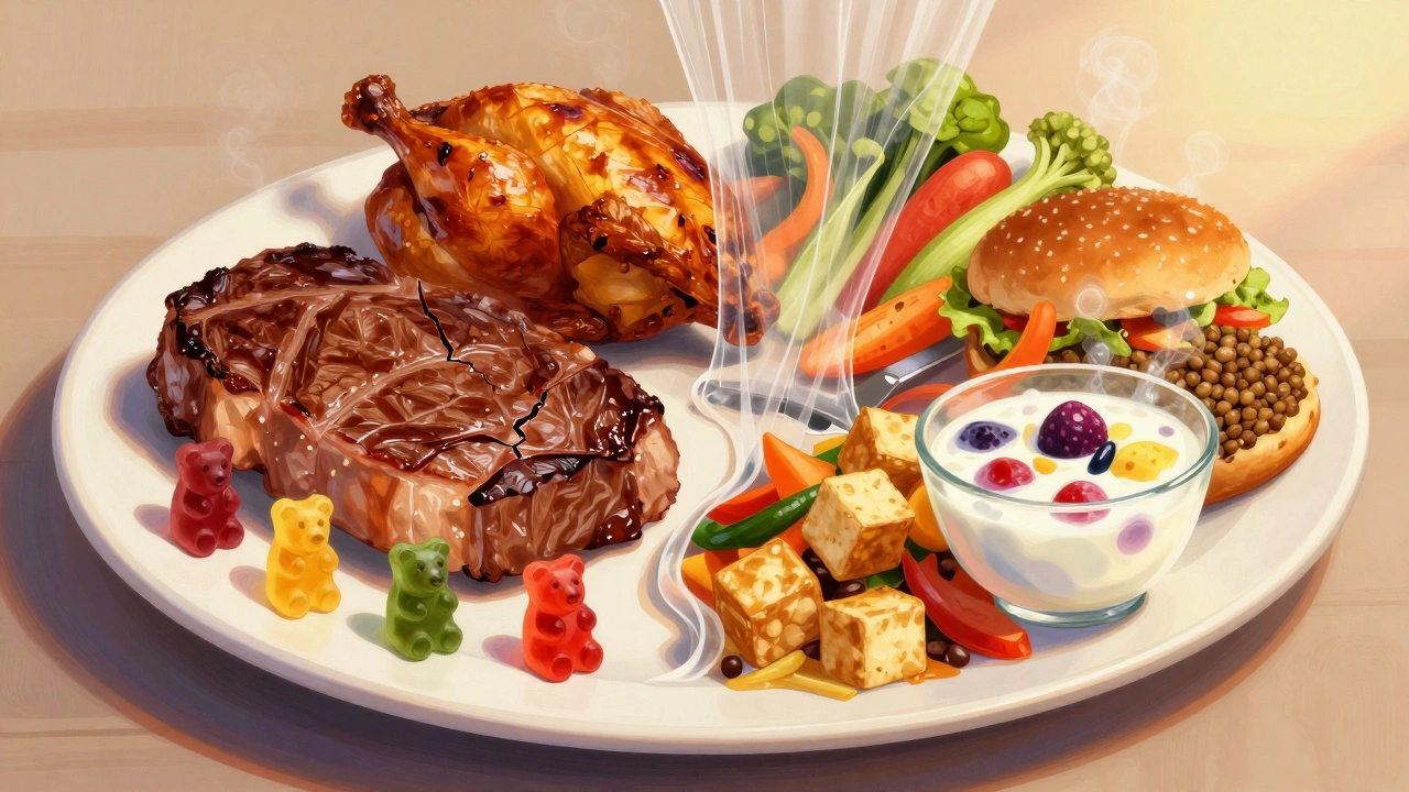 Split dinner plate: meat and gummy bears on one side, vibrant plant-based foods on the other, gelatin dissolving above.