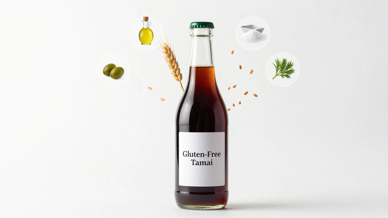 Transparent bottle of gluten-free tamari with dissolving wheat and barley grains, floating safe ingredients around it.
