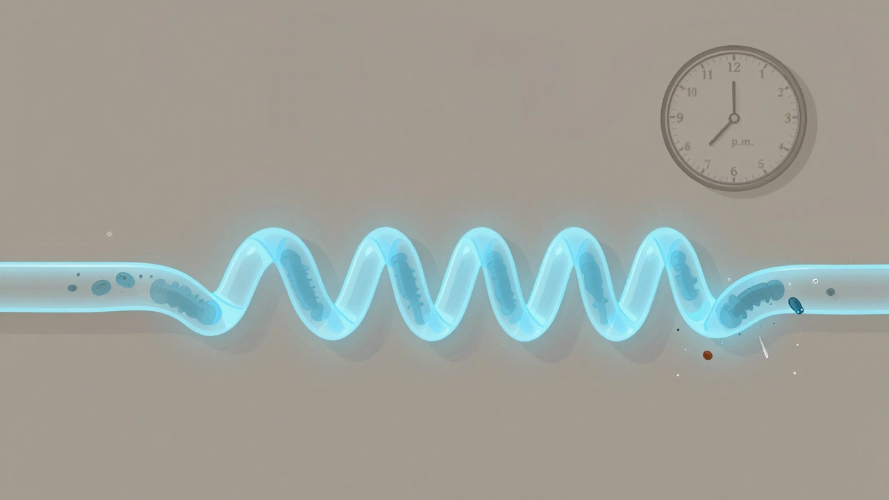 Transparent digestive tract with a cleansing wave of light moving through it at dawn