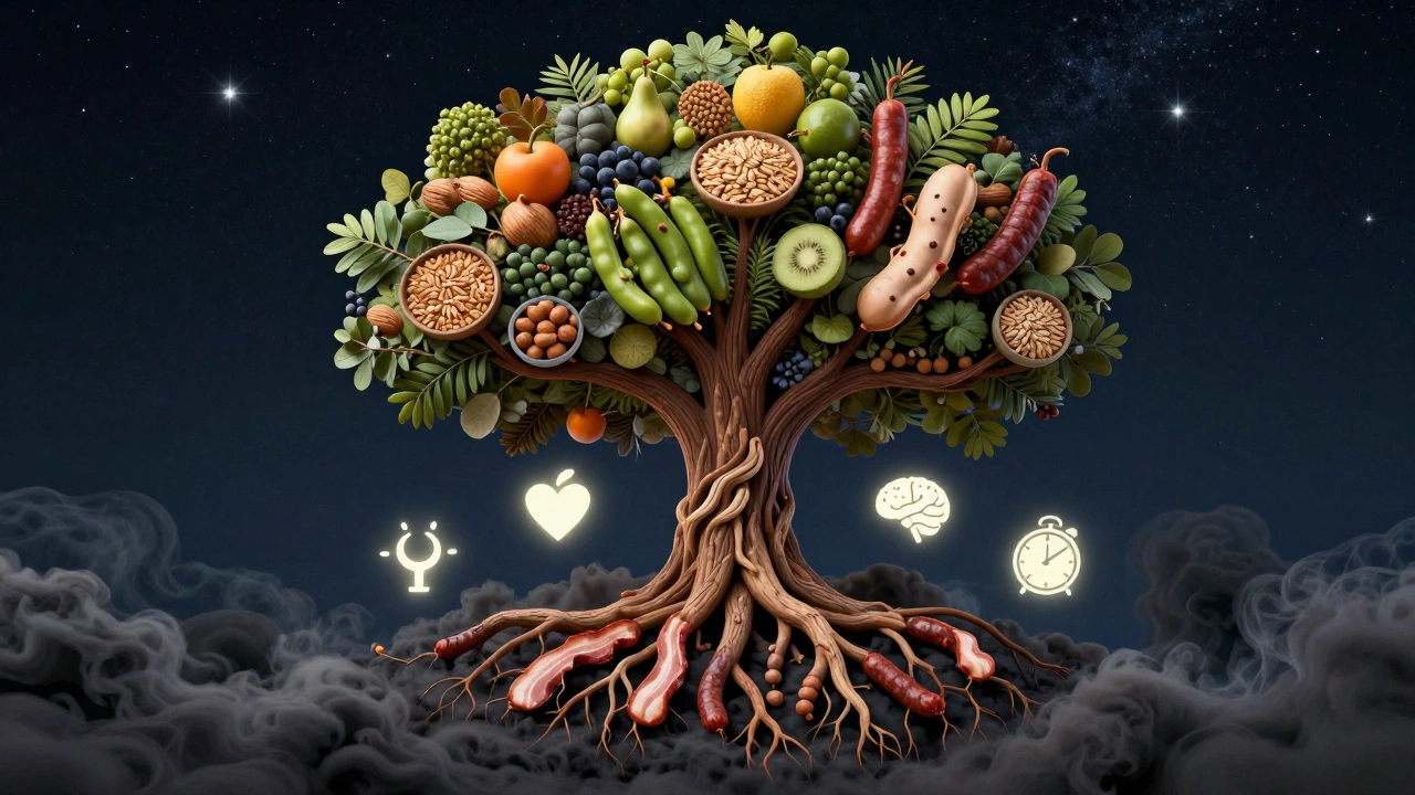 Tree with plant-based foods as branches, decaying meats at roots under starry sky.