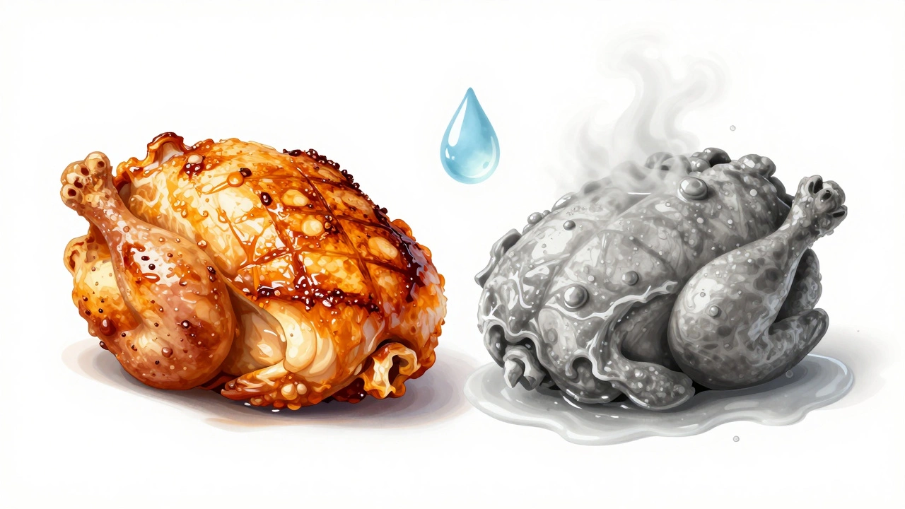 Two chicken pieces showing perfect sear versus slimy, untreated meat.