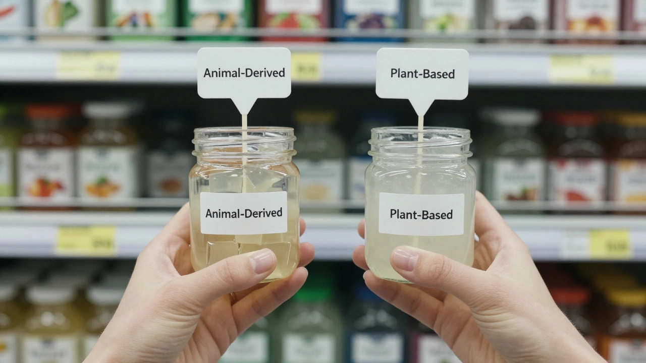 Two jars: one with animal gelatin, one with plant-based agar-agar, behind a supermarket aisle.