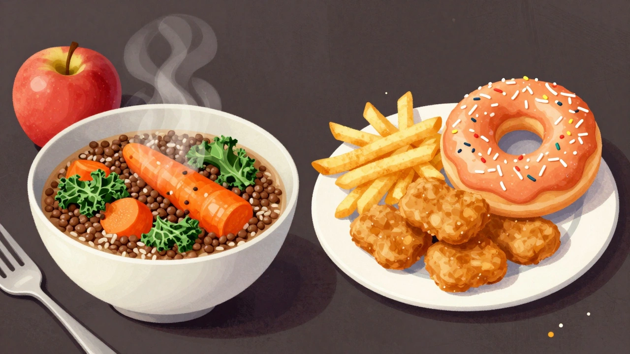 Two side-by-side meals: healthy plant-based stew versus processed vegan junk food.