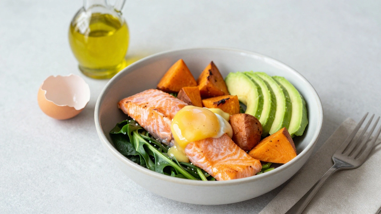 A breakfast bowl with leftover salmon, sweet potatoes, avocado, and egg, drizzled with lemon dressing.