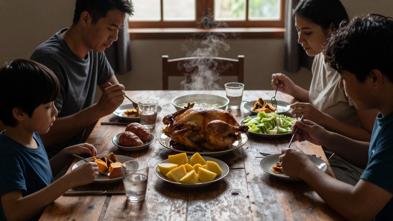A family eating a simple meal of roast chicken, sweet potato, and cabbage, with chicken bones set aside for broth.