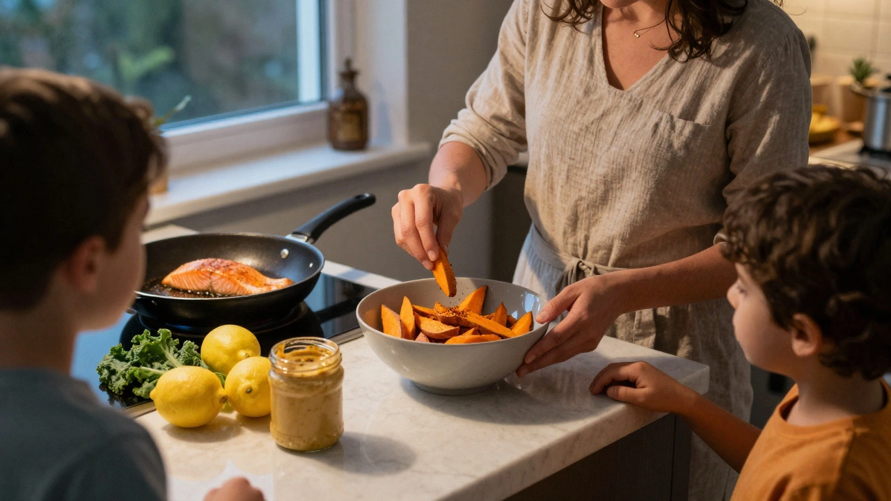 A family preparing a gluten-free dinner in a warm kitchen with salmon cooking on the stove.