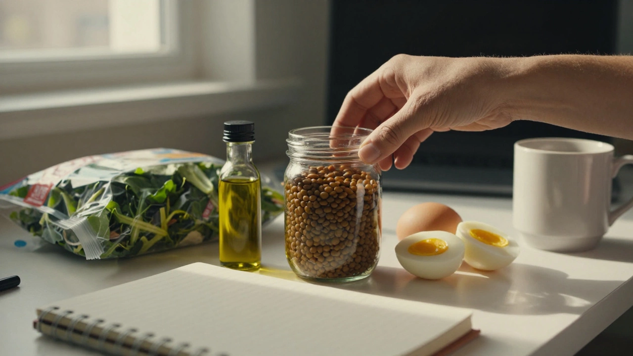 A hand assembling a healthy lunch at an office desk with lentils, greens, eggs, and olive oil.