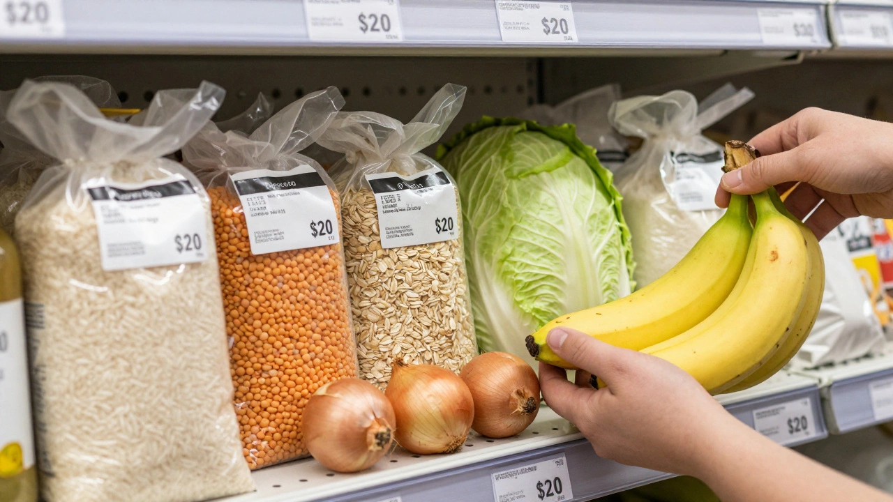 A shopping basket containing bulk staples like rice, lentils, oats, eggs, and cabbage, totaling under .