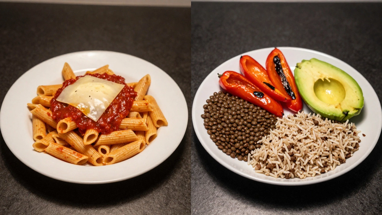 Contrasting plates: unbalanced pasta vs. nutrient-rich lentils, veggies, and whole grains.