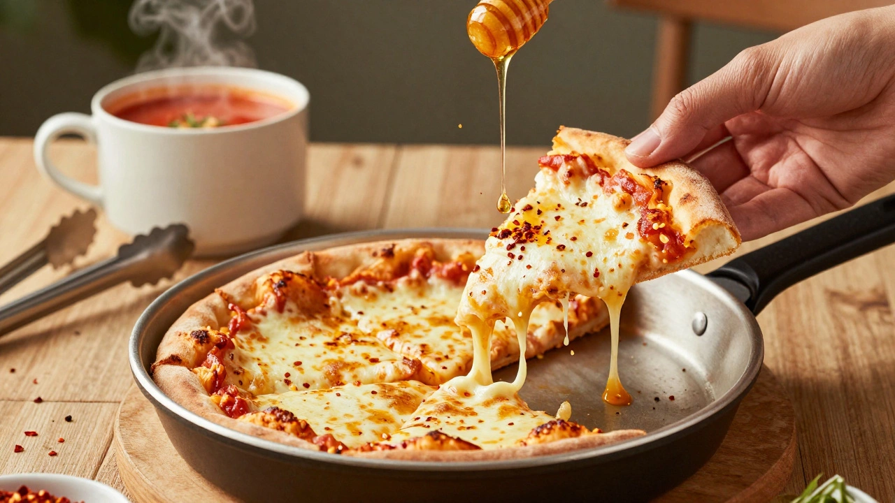 Leftover pizza reheating in a skillet under a bowl, with soup nearby and honey drizzling.