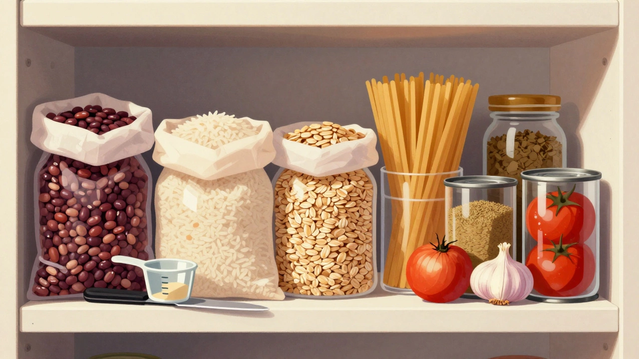 Pantry shelf with bulk staples like beans, rice, oats, and spices.