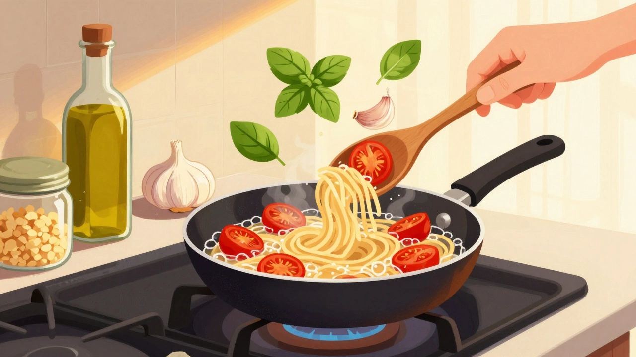 Pasta being tossed in a skillet with blistered tomatoes and garlic, warm light glowing.