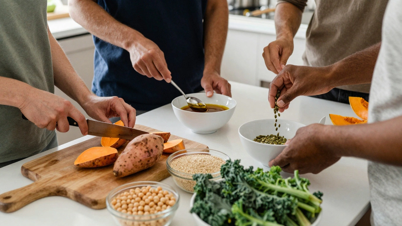 People preparing balanced vegetarian meals in a kitchen with whole food ingredients on display.