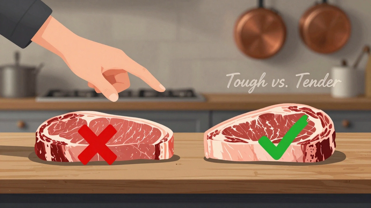 Side-by-side comparison of lean sirloin and marbled chuck roast, with symbols indicating which is better for slow cooking.