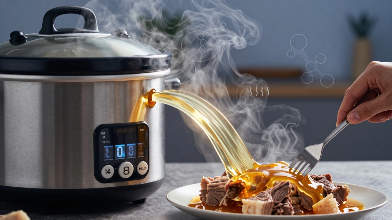 Slow cooker with timer at 8 hours, steam and gelatin transforming into tender meat, scientific elements subtly integrated.