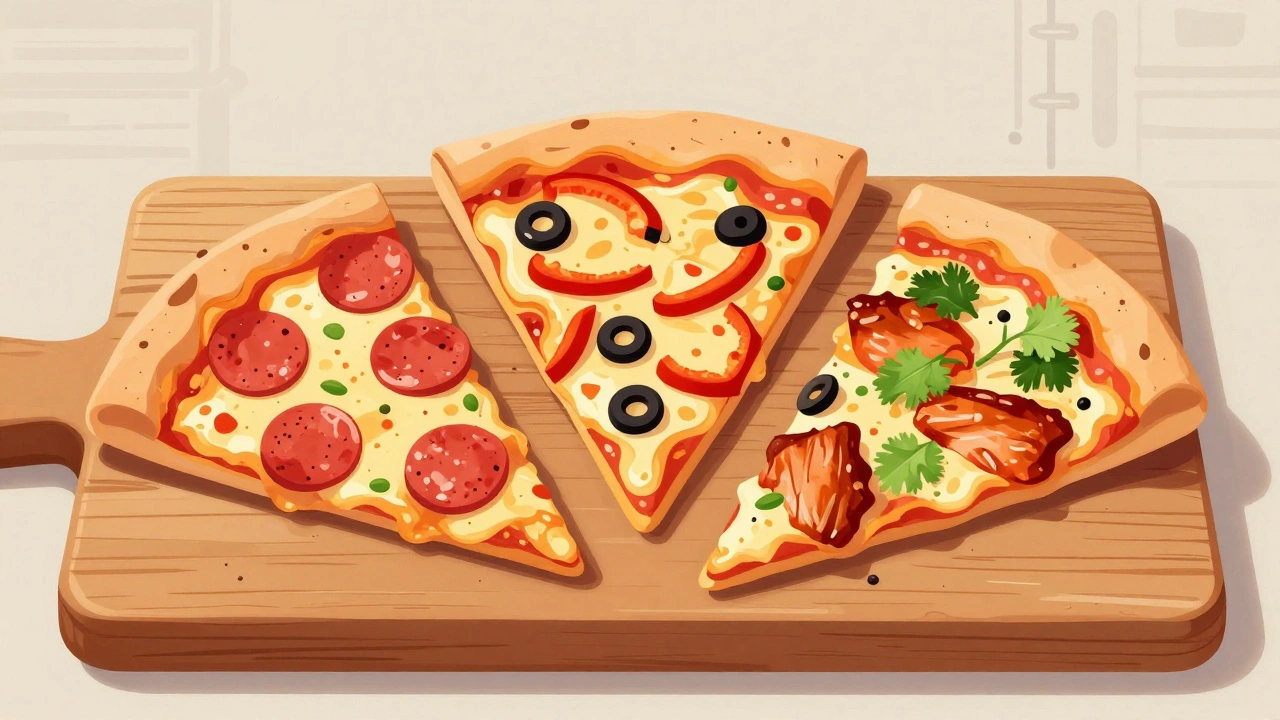 Three distinct pizza slices with different toppings on wooden board