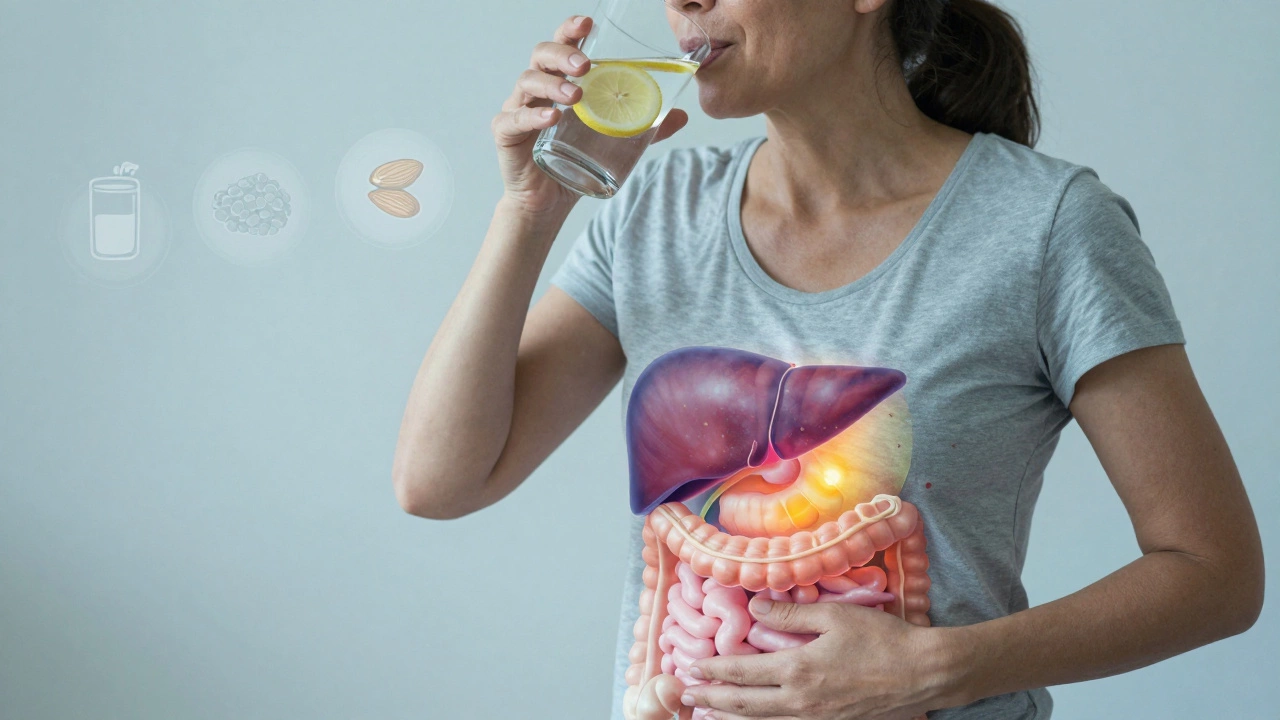 Woman drinking water with lemon, thermal energy glowing subtly around her abdomen.