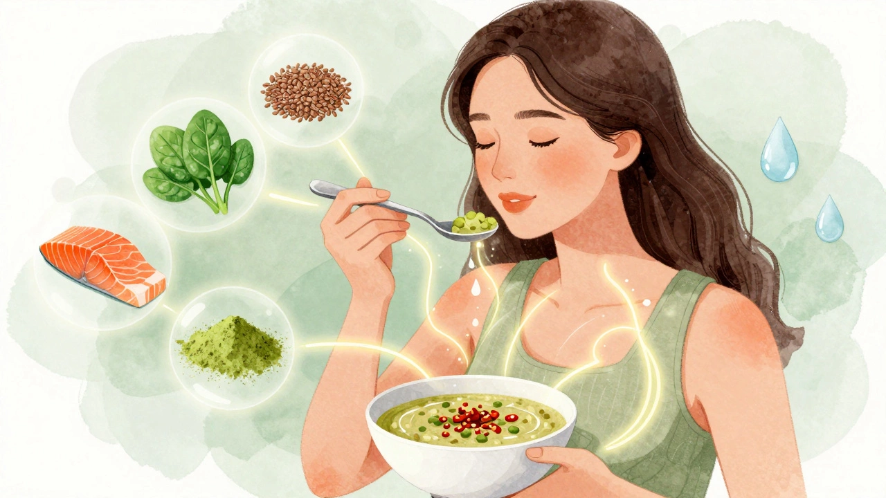 Woman eating lentil soup with spices, surrounded by floating icons of metabolism-boosting foods.
