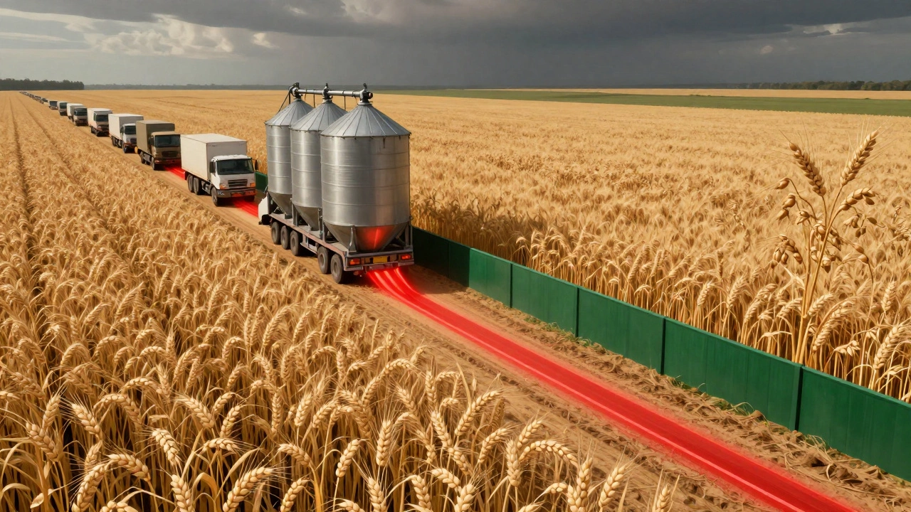 A conceptual diagram showing gluten contamination spreading from wheat and barley to oats, with one isolated certified gluten-free farm.