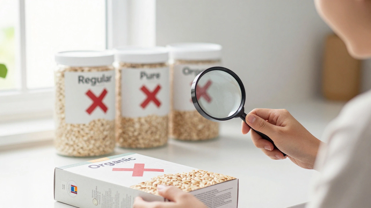 A person examining a gluten-free certification logo on an oatmeal box with other uncertified oat containers in the background.