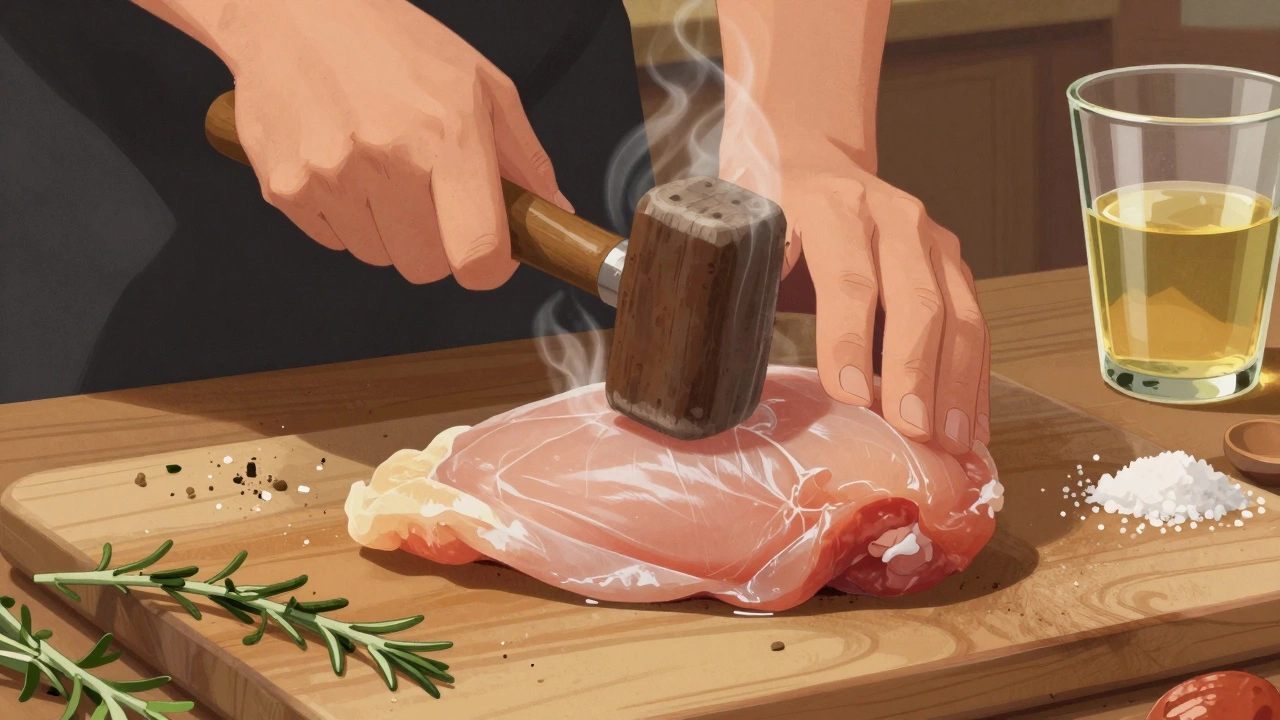 Chicken breast being flattened with a meat mallet on a wooden surface with brine and herbs