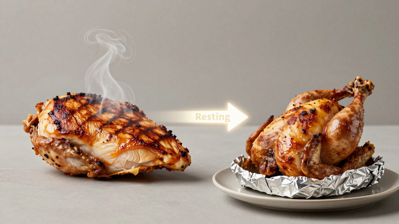 Contrast between dry and juicy chicken breast with steam rising from the perfect one