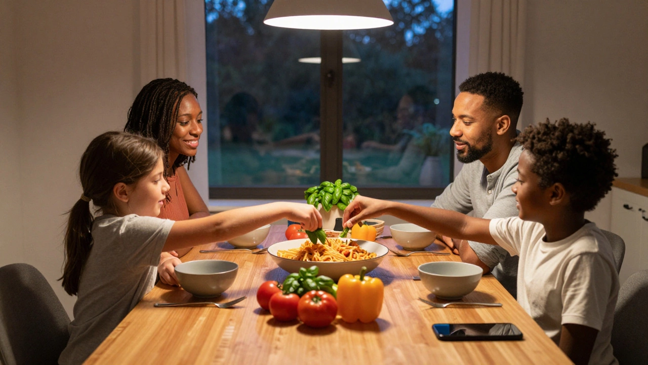 Family of four gathered around simple shared meal with phones set aside