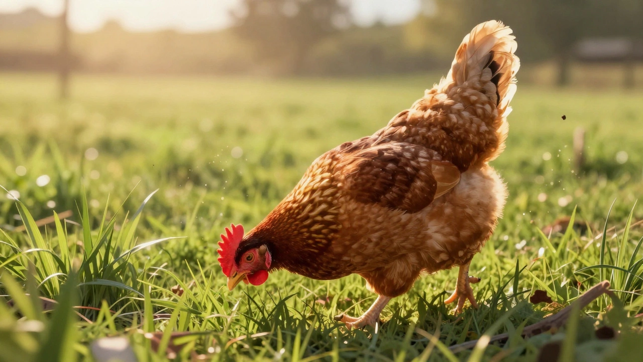 Free range chicken foraging in green grass during sunset