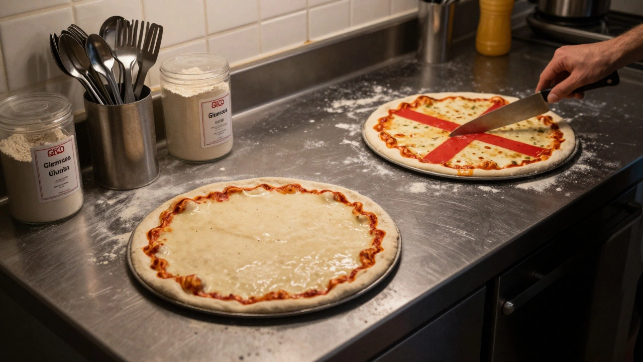 Gluten-free pizza being prepared in a dedicated kitchen station with separate tools and certification label.