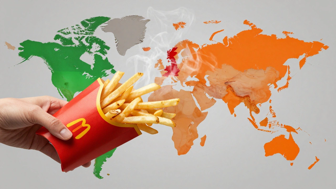 Hand holding fast-food bag with fries spilling onto a world map showing regional vegan differences.