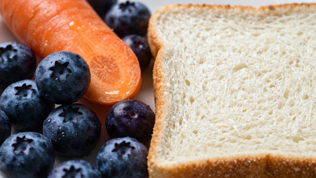 Macro shot contrasting fresh vegetables with processed white bread.