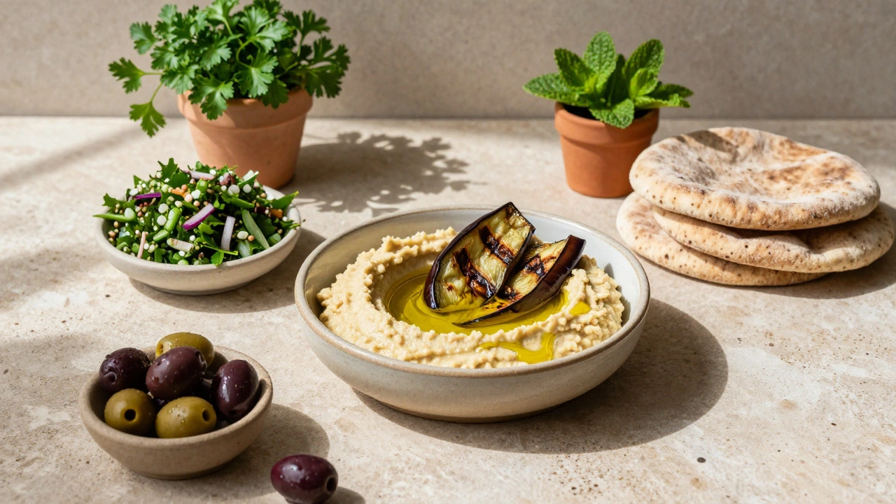 Mediterranean dish with hummus, grilled eggplant, tabbouleh, and pita on a stone table.