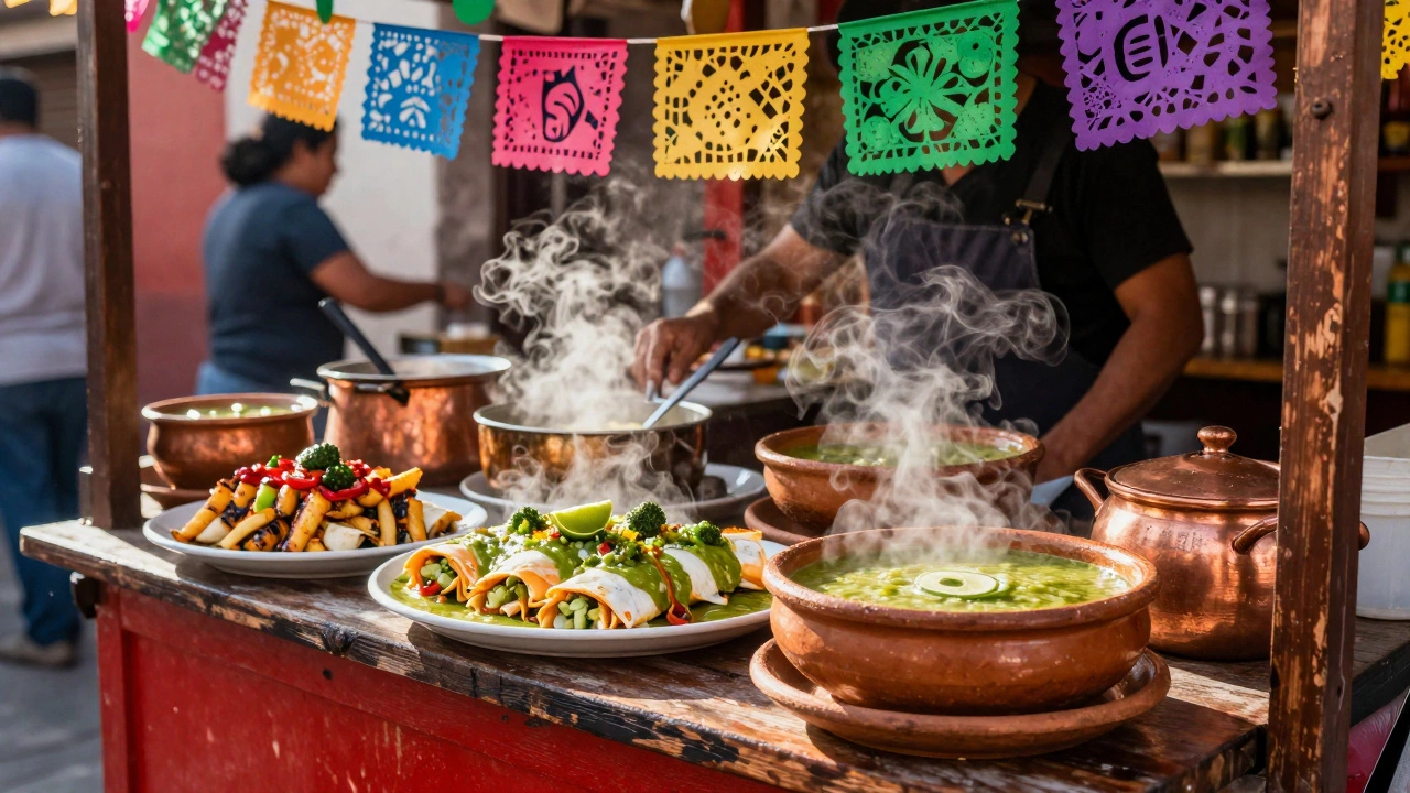 Mexican street food stall serving veggie enchiladas and grilled corn with colorful banners.
