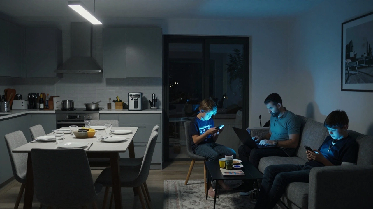Modern household showing empty dinner table and family eating separately