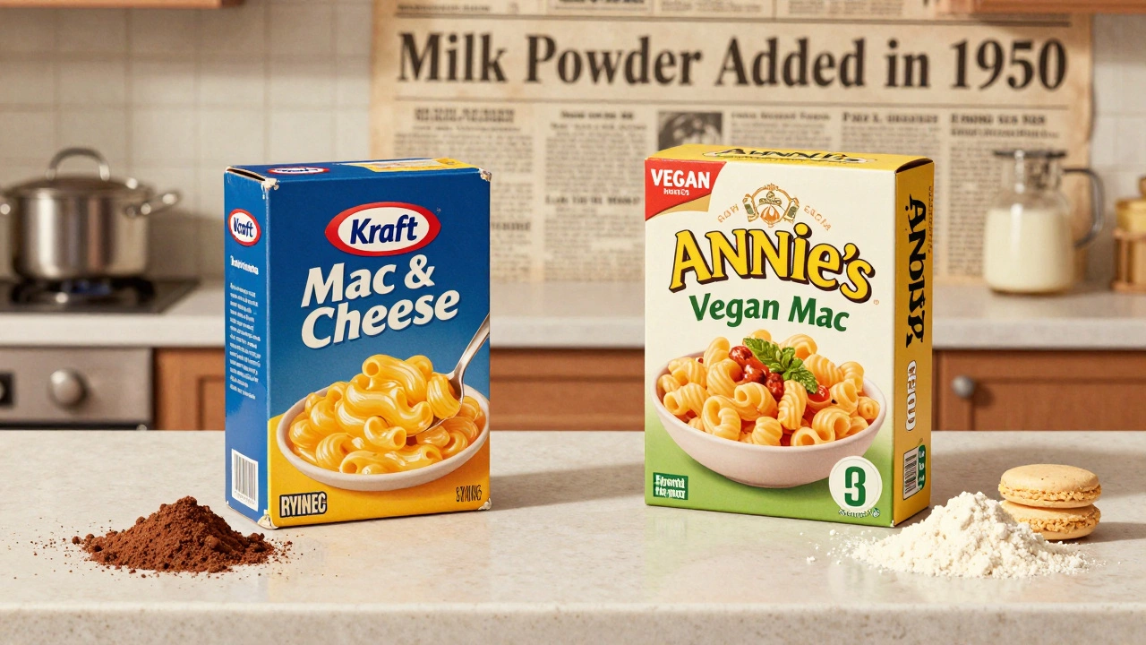 Retro kitchen with classic and modern vegan mac and cheese boxes side by side.