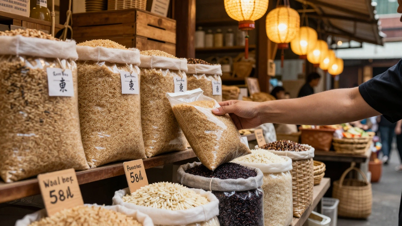 Shelves in an Asian market filled with bulk rice varieties in natural fiber bags.