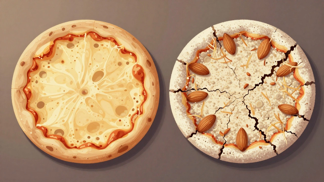 Side-by-side comparison of traditional and gluten-free pizza crusts highlighting texture differences.