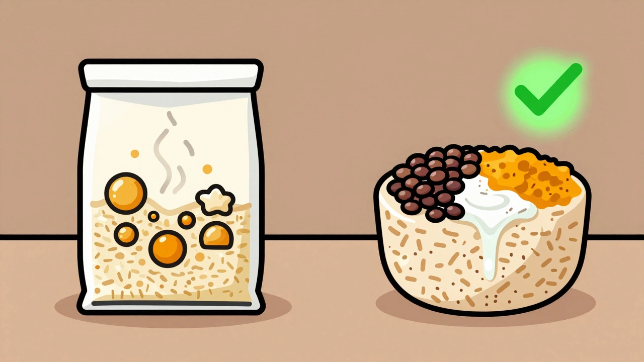 Split image contrasting non-vegan rice additives with plain vegan rice and plant toppings.