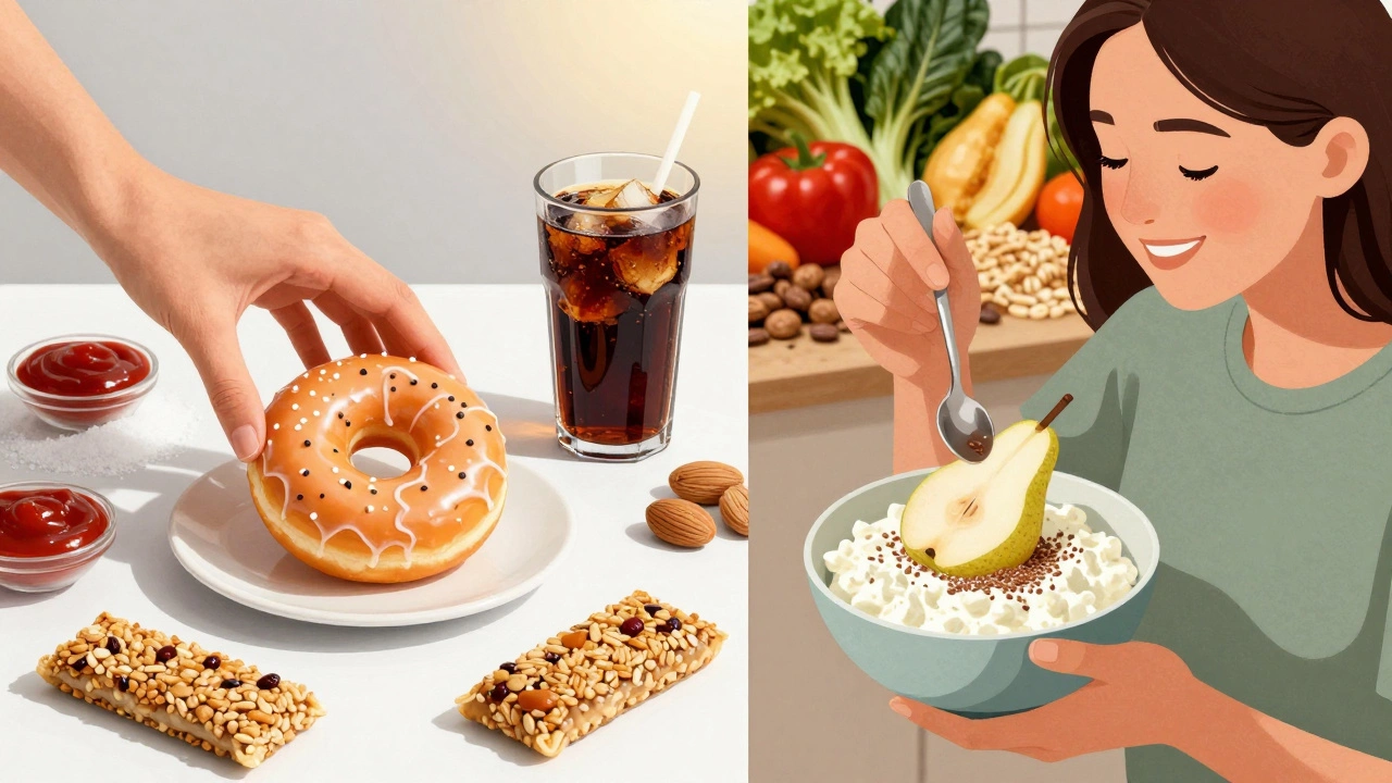 Split image: person choosing sugary snacks versus wholesome whole foods for breakfast.