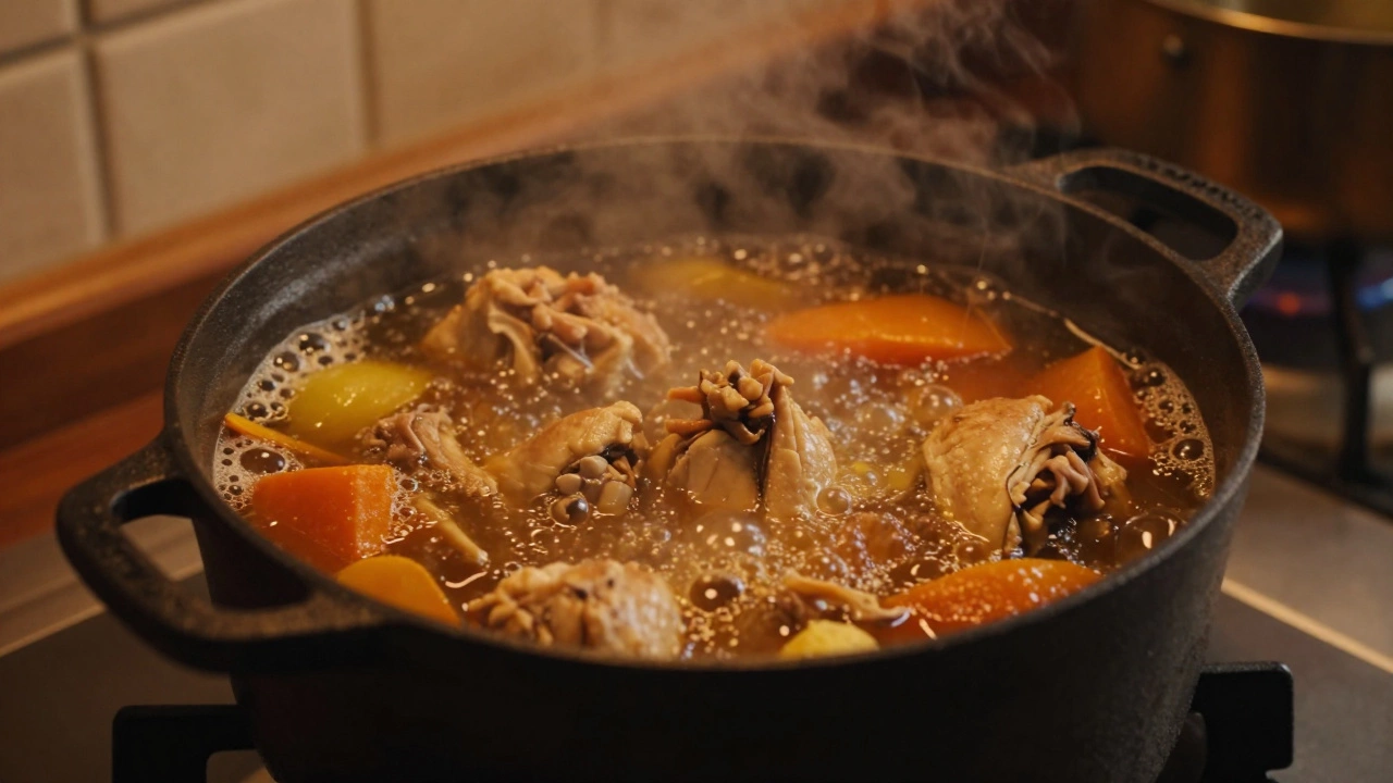 Steaming pot of chicken stew simmering on stovetop
