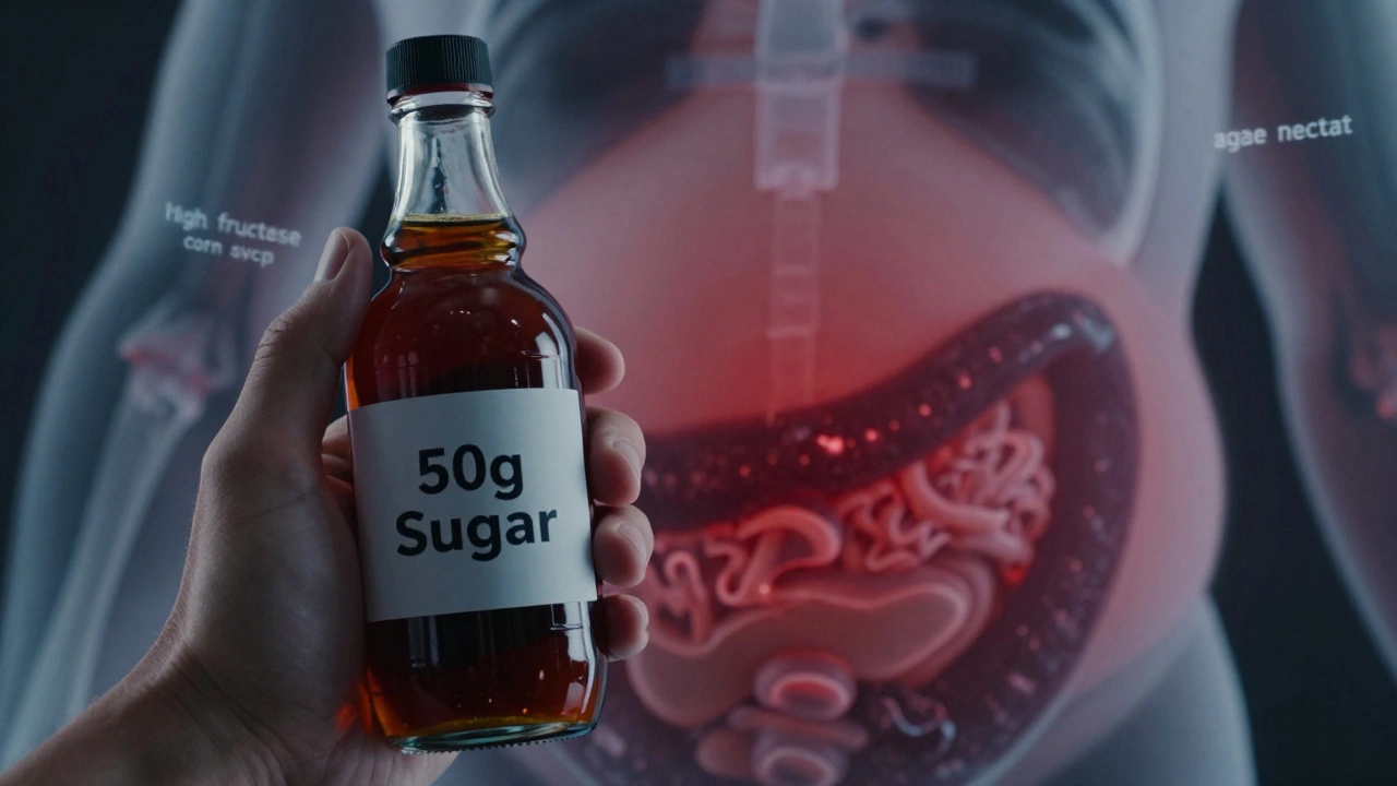 Transparent bottle of sugar syrup beside an X-ray showing visceral fat around the waist.