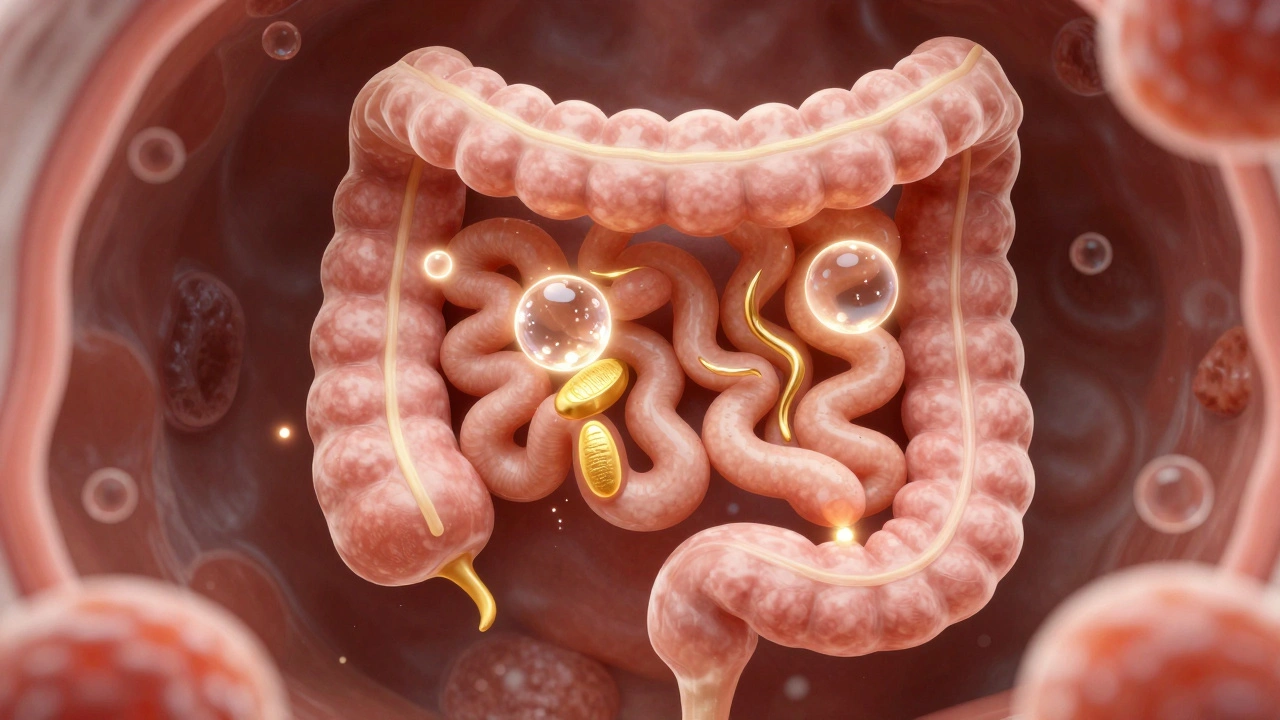 3D visualization of intestinal villi being repaired by nutrients and probiotics.
