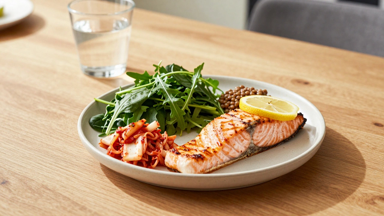 A balanced healthy meal plate with salmon, leafy greens, lentils, and kimchi on a wooden table.