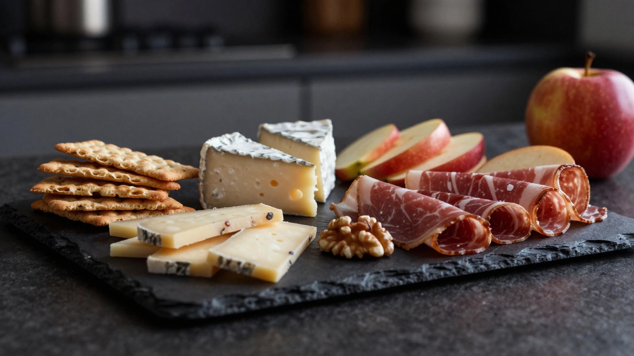 A charcuterie board with cheese, crackers, apple slices, and deli meats.