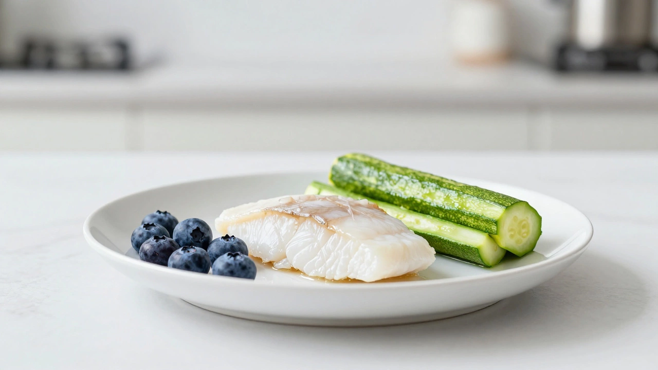 A healthy meal of poached fish, steamed zucchini, and blueberries on a white plate.