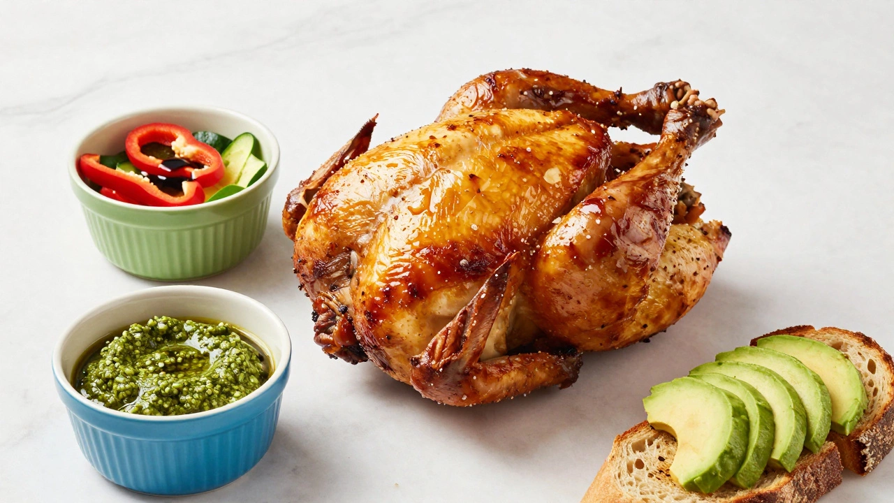 A rotisserie chicken surrounded by bowls of pesto, mixed vegetables, and sliced avocado.