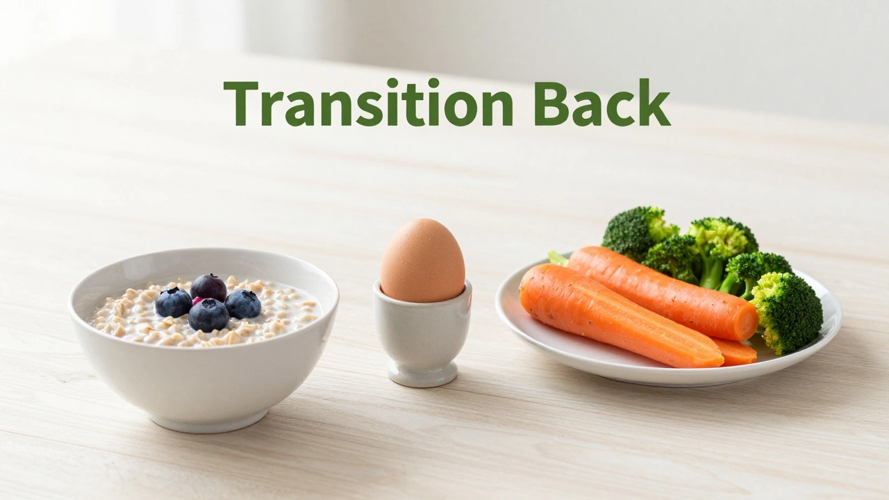 A sequence of healthy recovery meals including oatmeal, eggs, and steamed vegetables