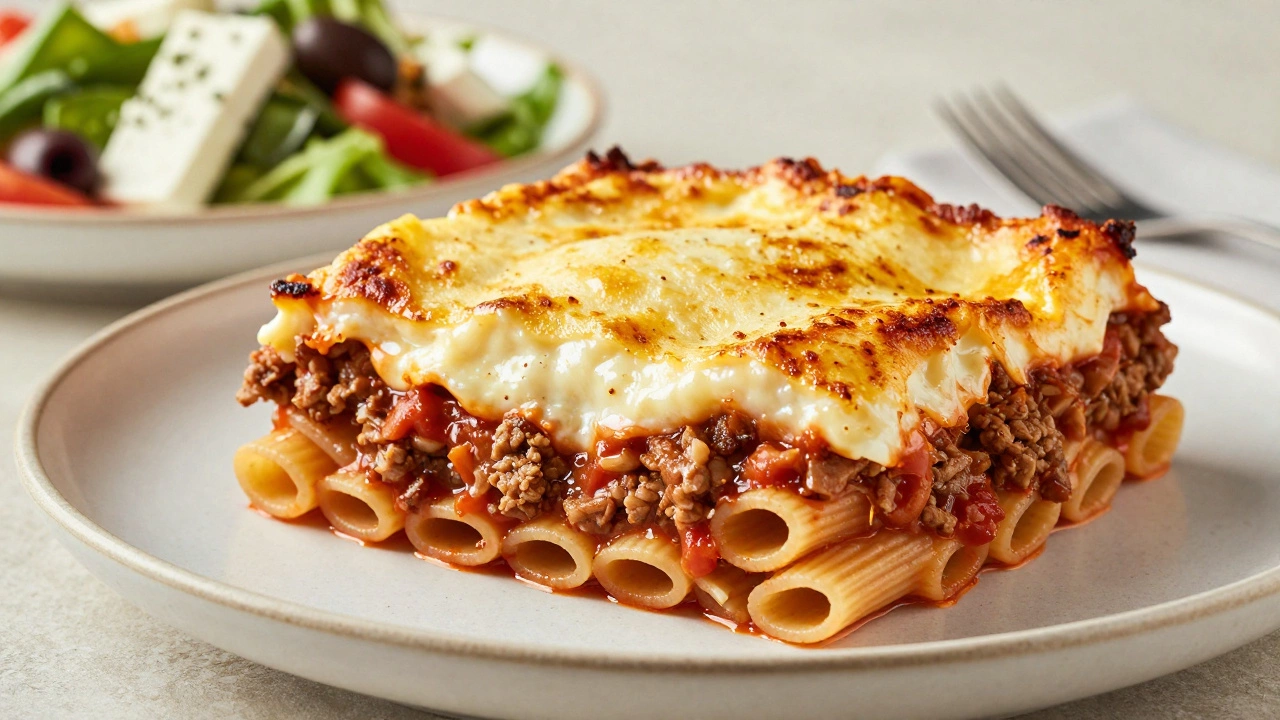 A slice of layered Pastitsio with béchamel topping and a side salad