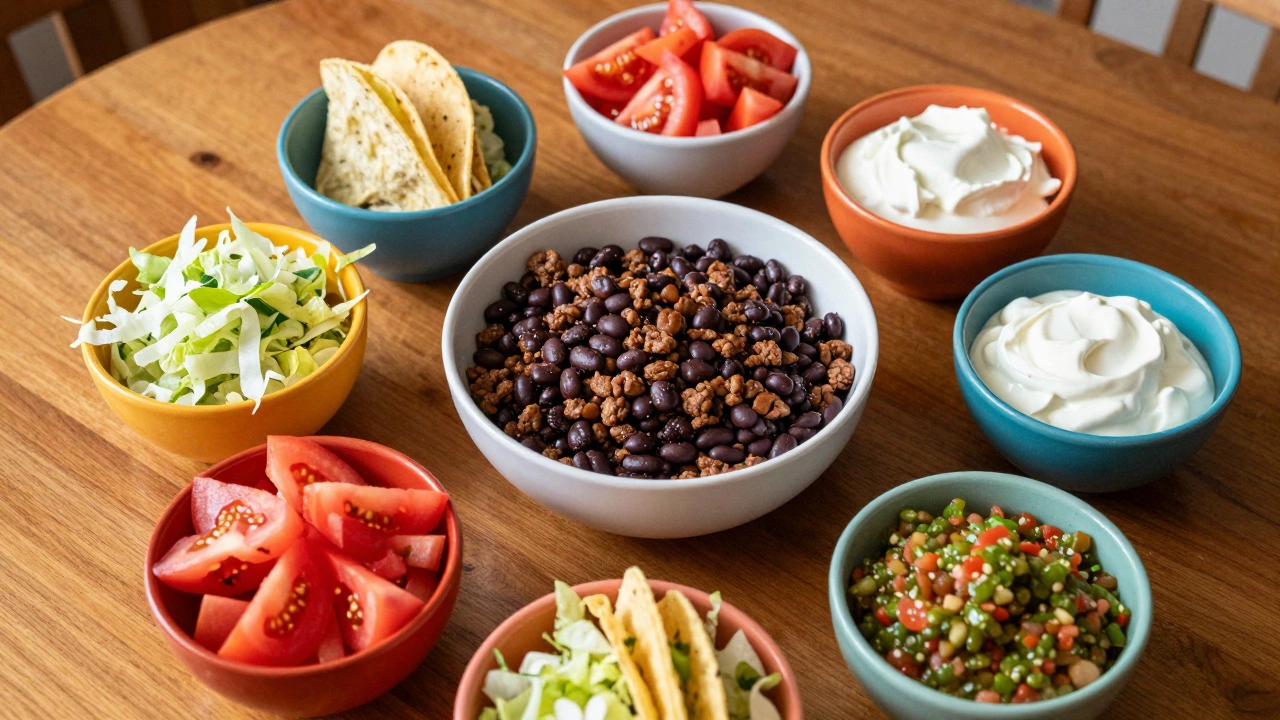 A variety of taco ingredients in bowls on a wooden table for a family meal.