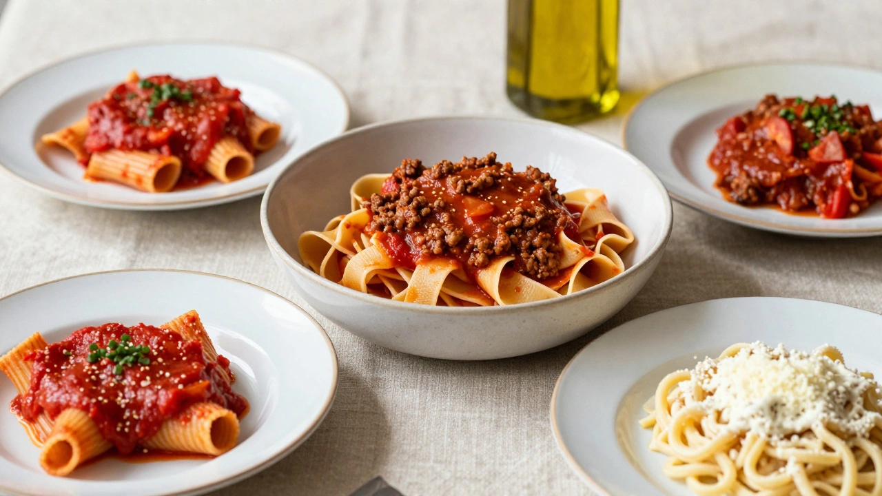 Assortment of classic Italian pasta dishes including Tagliatelle Bolognese and Amatriciana